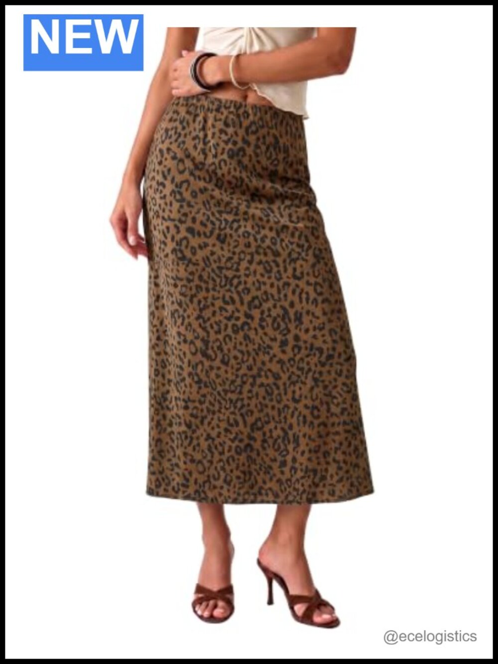 Satin Leopard Print Flowy A-Line Maxi Skirt Stretchy Elastic Waist
